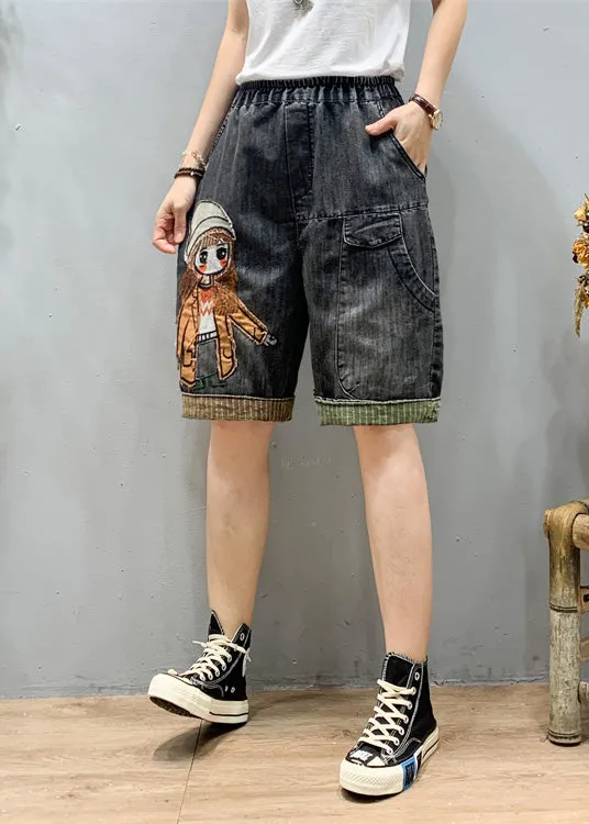 Art Black Grey Elastic Waist Cartoon Girl Denim Shorts