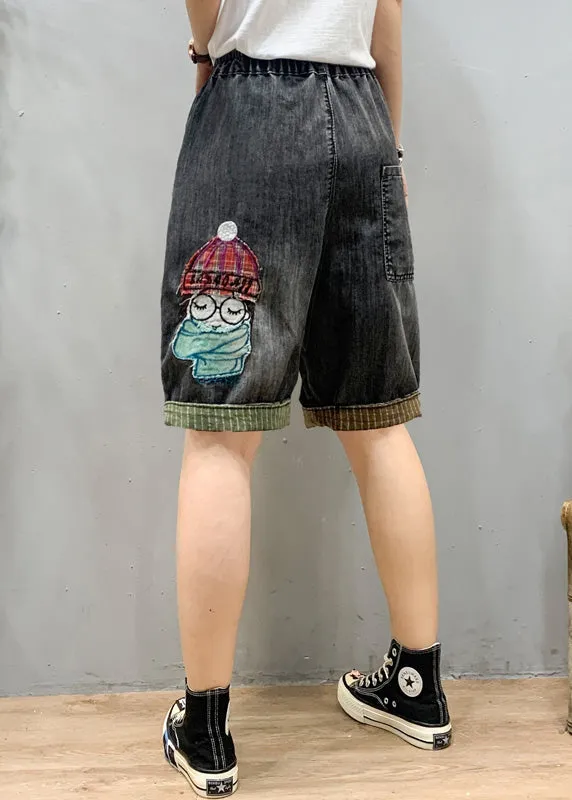 Art Black Grey Elastic Waist Cartoon Girl Denim Shorts