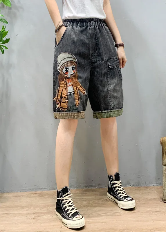 Art Black Grey Elastic Waist Cartoon Girl Denim Shorts