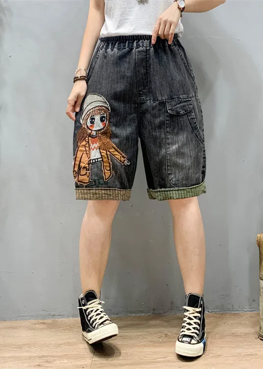 Art Black Grey Elastic Waist Cartoon Girl Denim Shorts