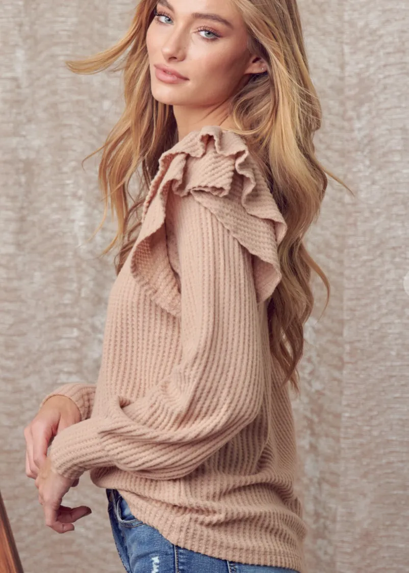 Aster Long Sleeve Waffle Weave Ruffle Sleeve Top