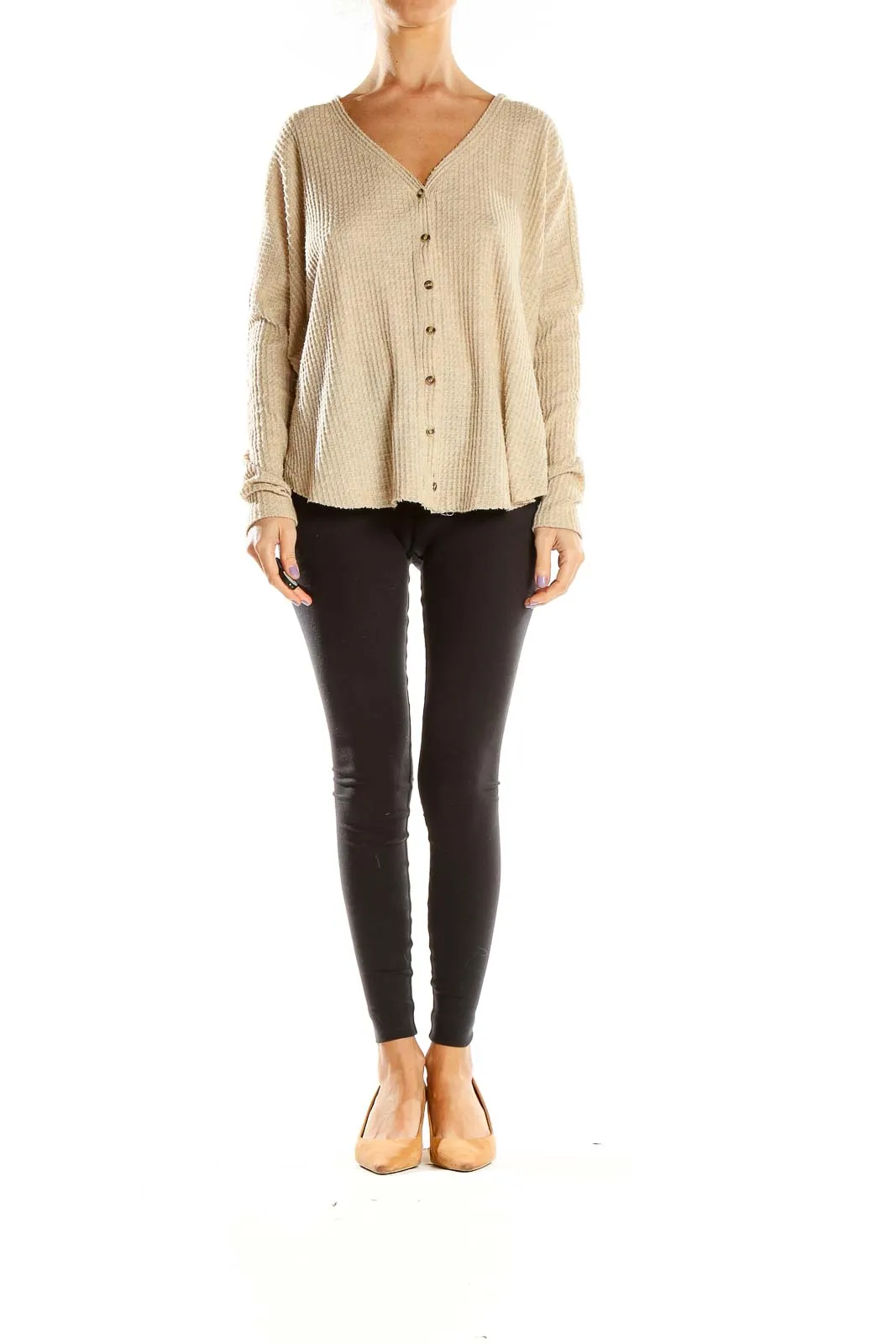 Beige Waffle Knit Button-Down Top