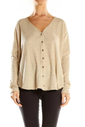 Beige Waffle Knit Button-Down Top