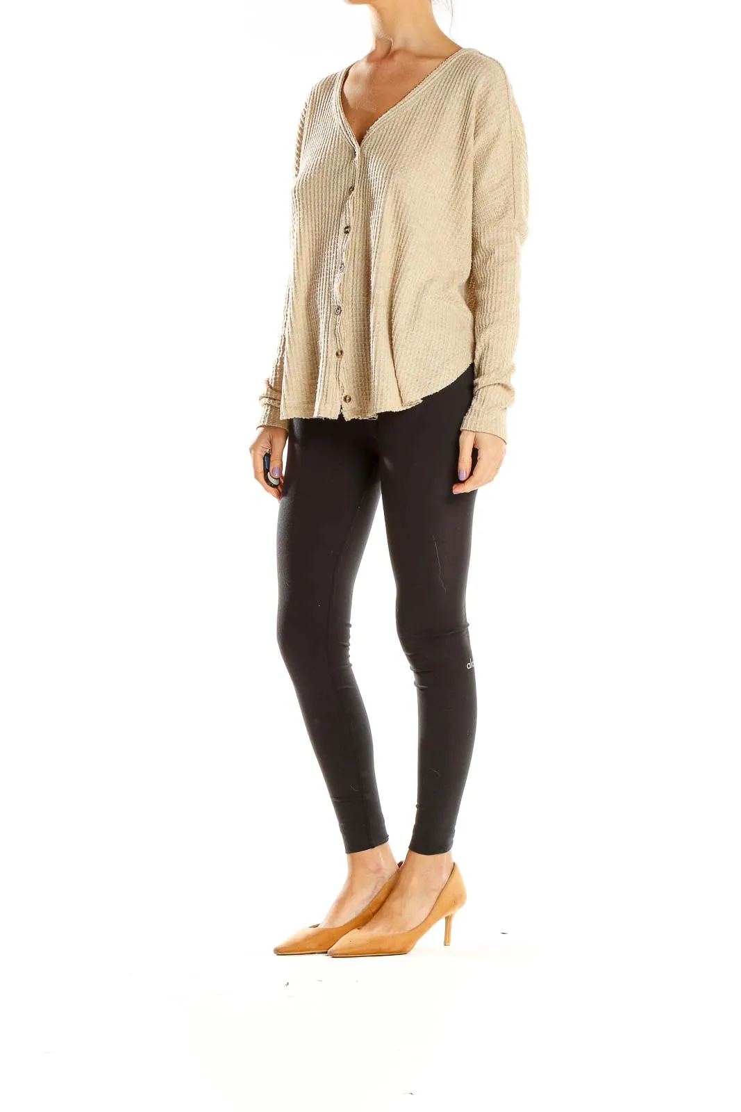 Beige Waffle Knit Button-Down Top