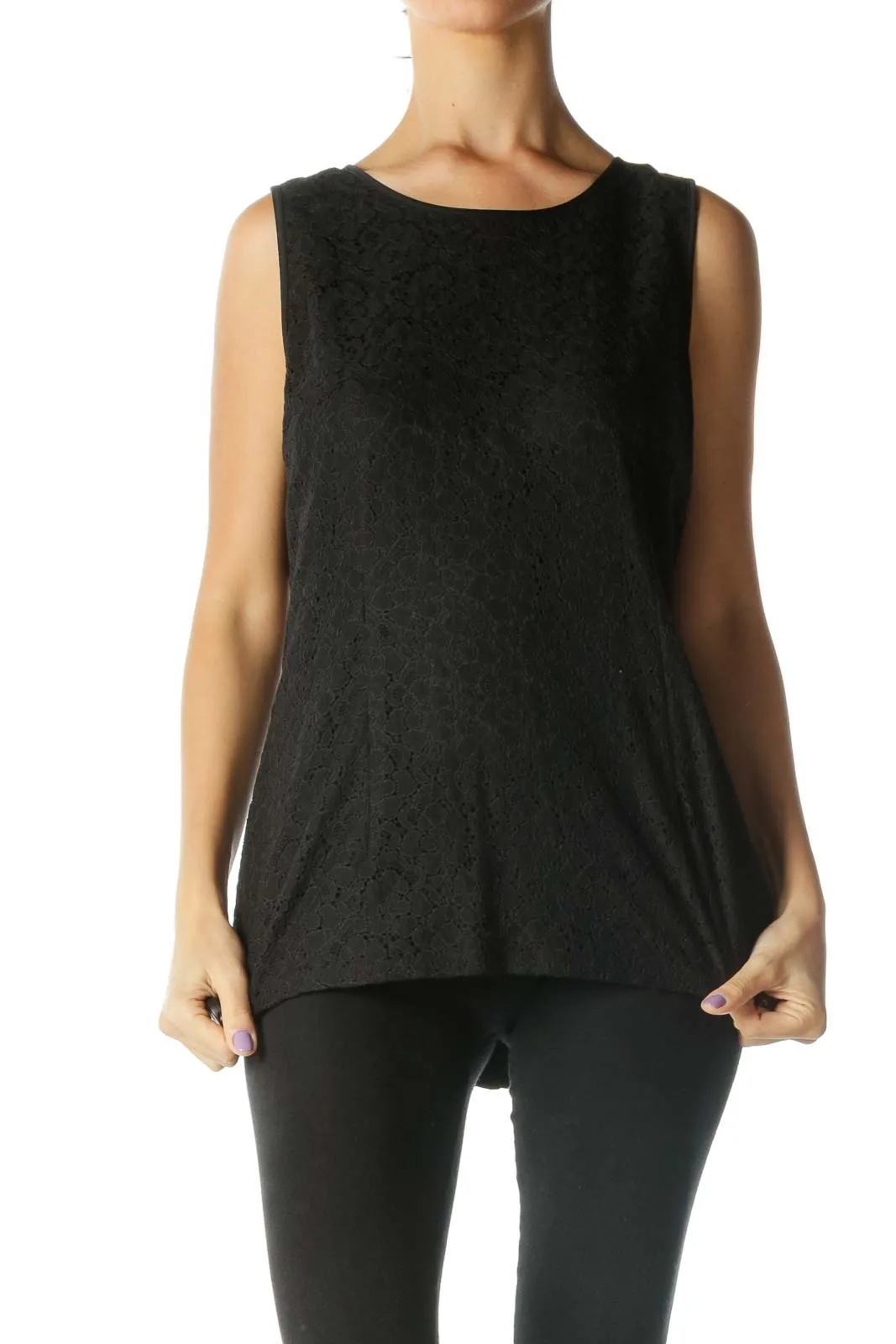 Black Scoop Neck Back Zipper Lace Blouse