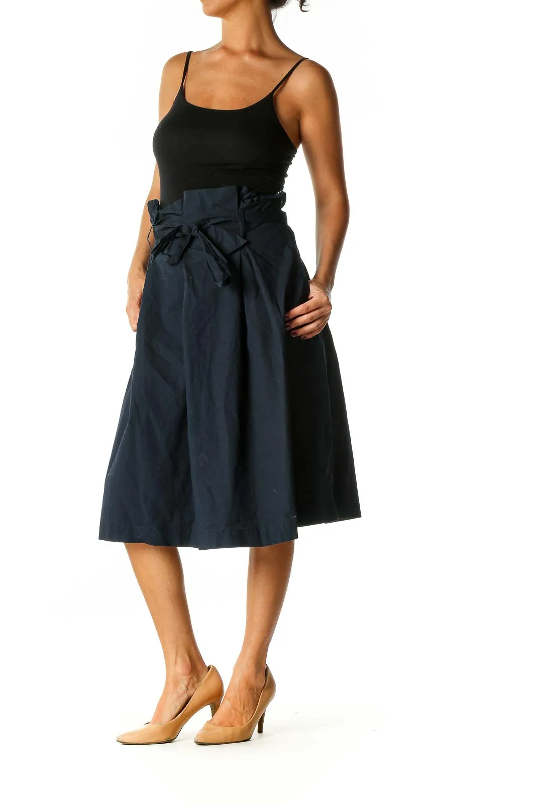 Blue Solid Retro Flared Skirt