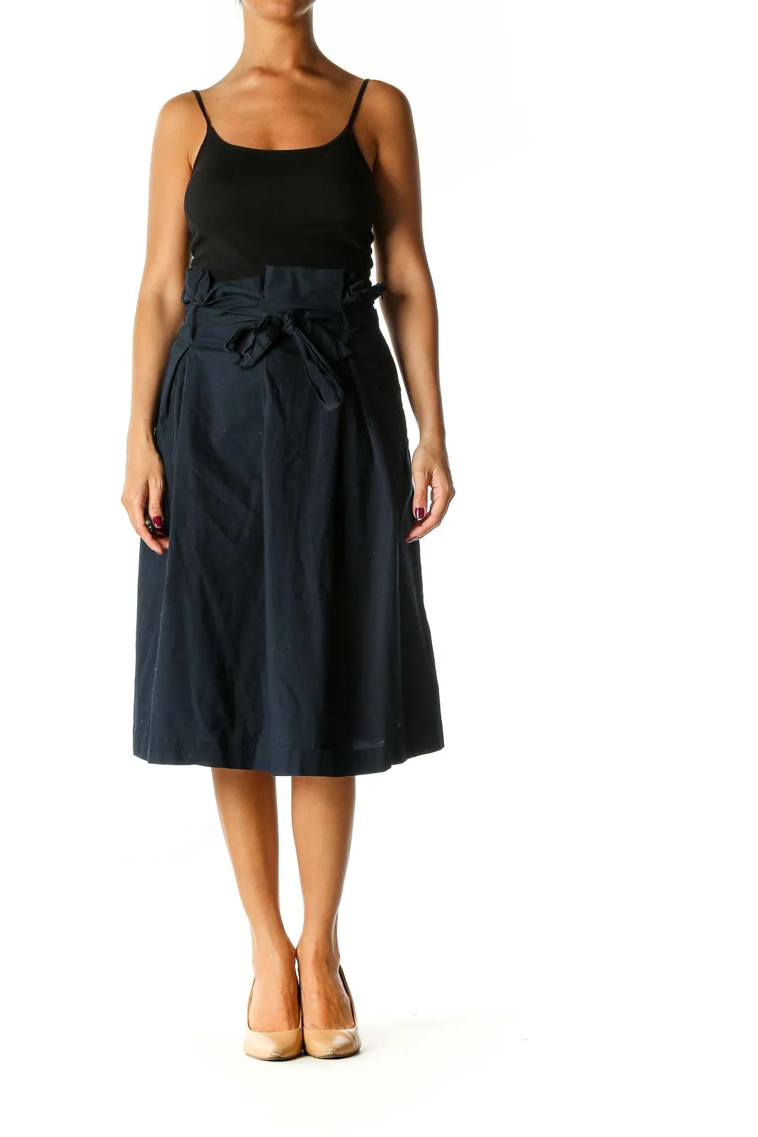 Blue Solid Retro Flared Skirt