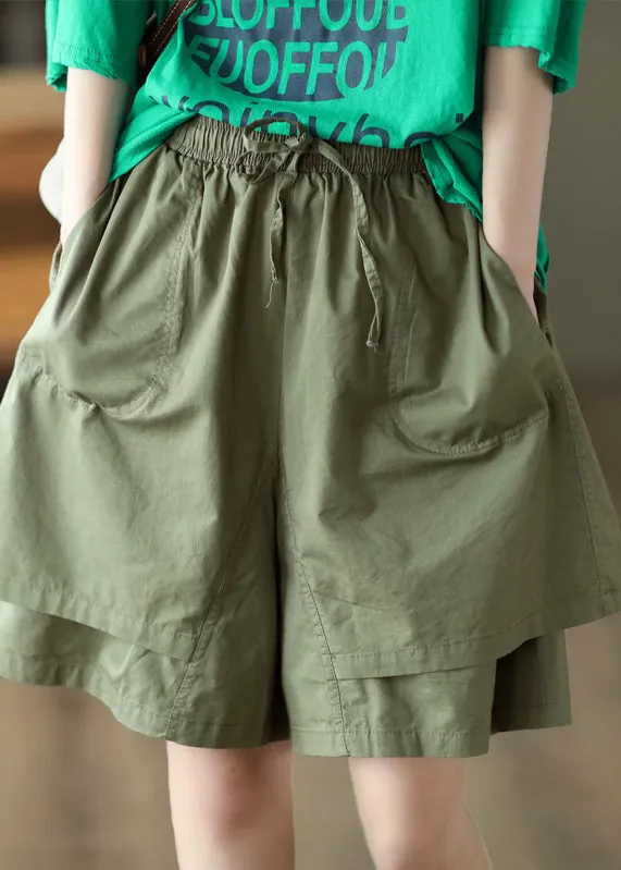 Boho Khaki Pockets Patchwork Elastic Waist Cotton Shorts Summer QQ1027