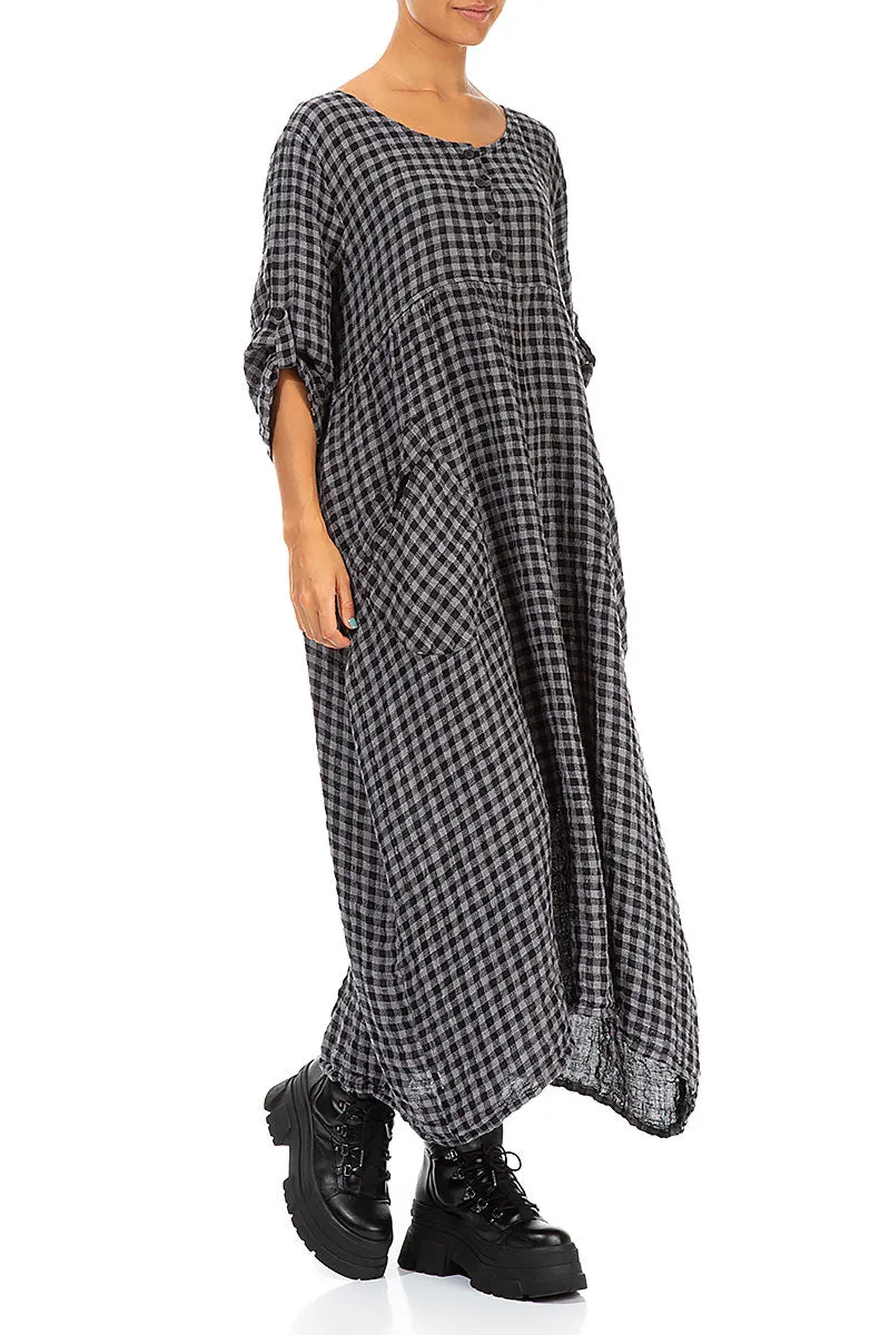 Buttoned Grey Check Linen Dress