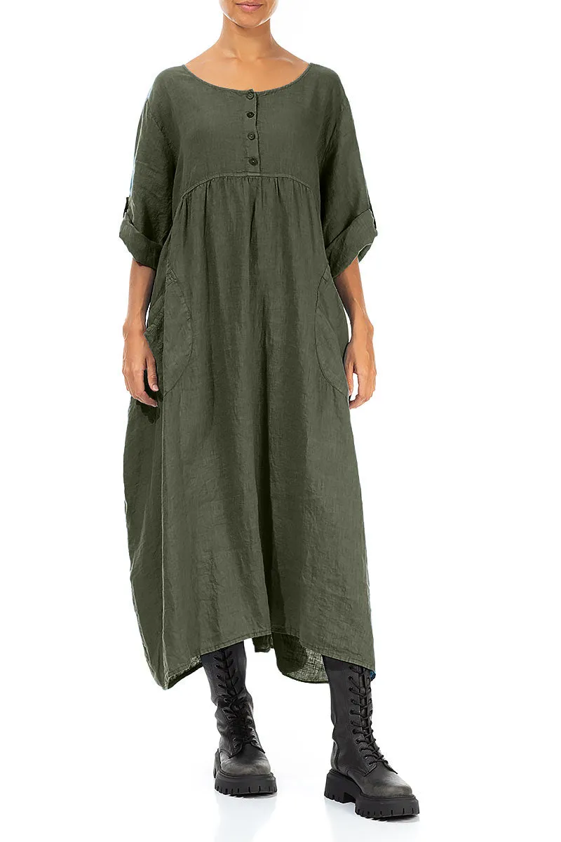 Buttoned Olive Linen Dress