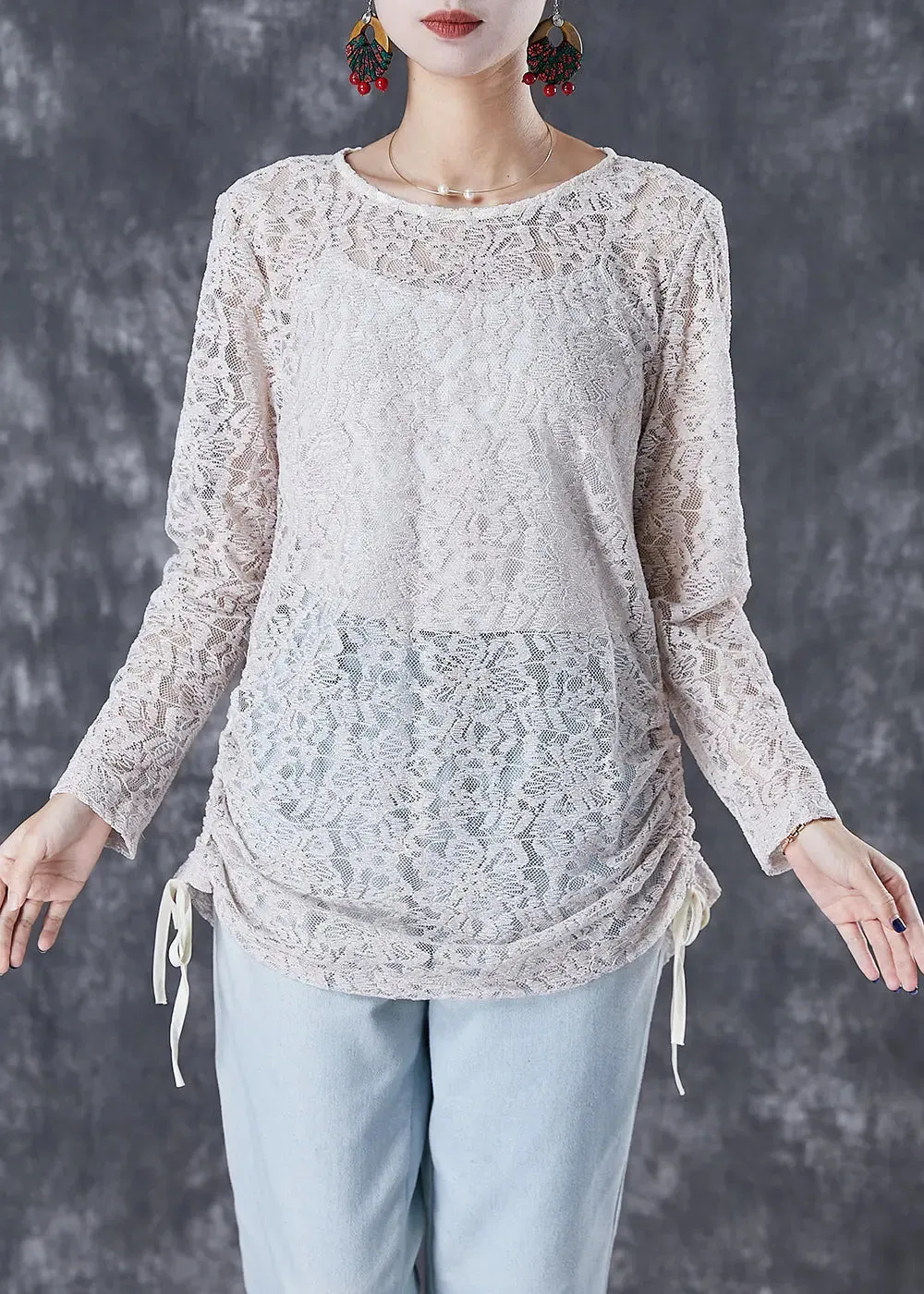 Classy Beige Cinched Hollow Out Back Button Down Lace Blouses Fall ML3082