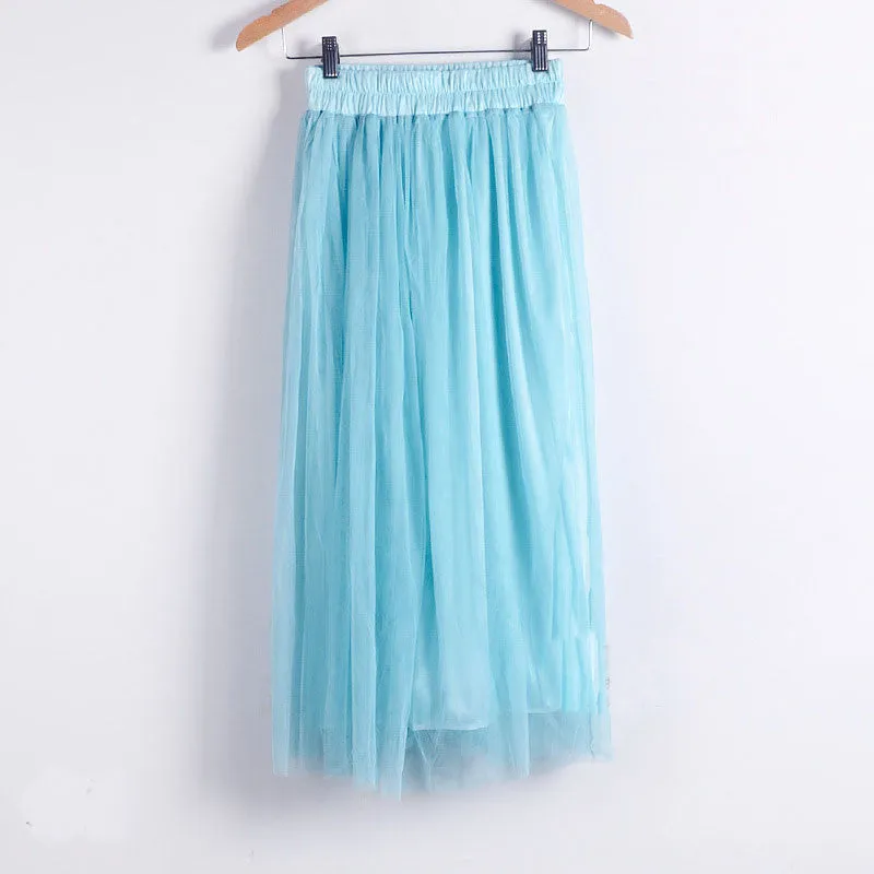 Double Layers Mesh Pleated Long Fluffy Beach Skirt