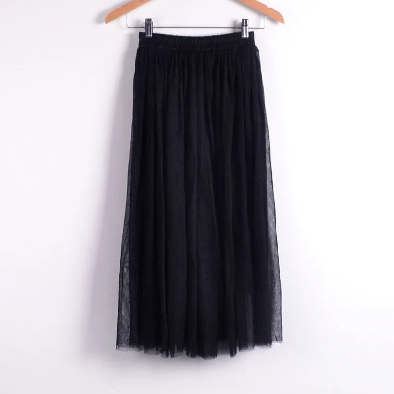 Double Layers Mesh Pleated Long Fluffy Beach Skirt