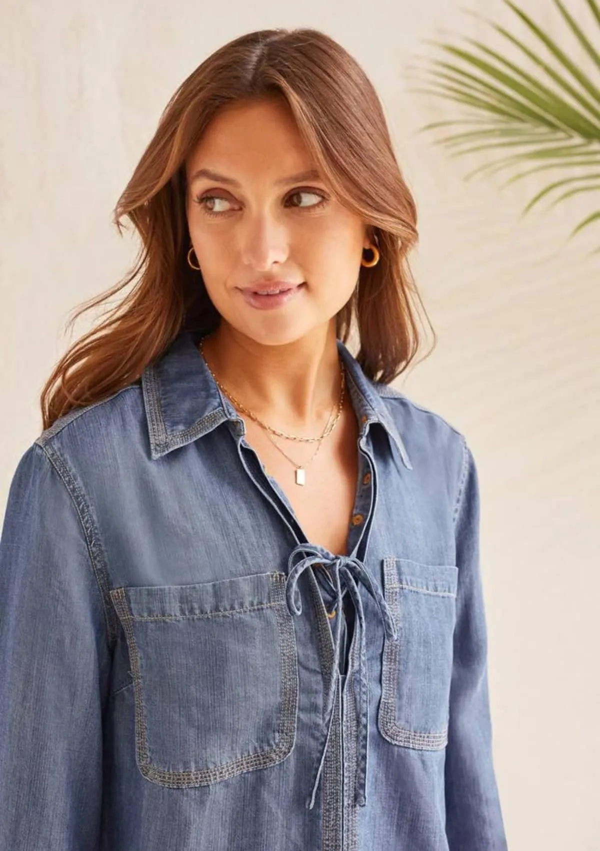 Elbow Sleeve Pop-Over Blouse with Lace-Up - Chambray