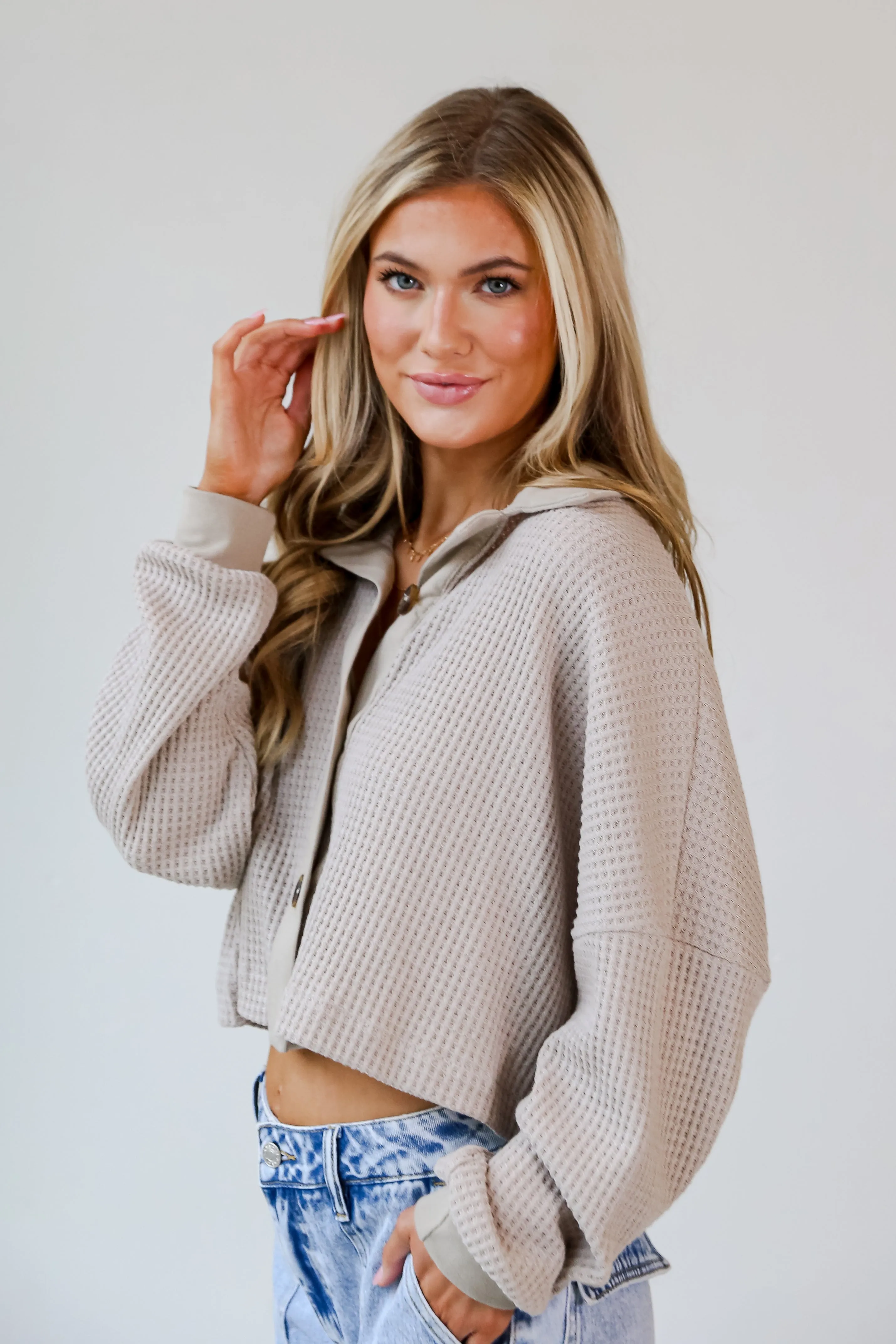 FINAL SALE - Necessary Love Taupe Waffle Knit Button-Front Top - DOORBUSTER