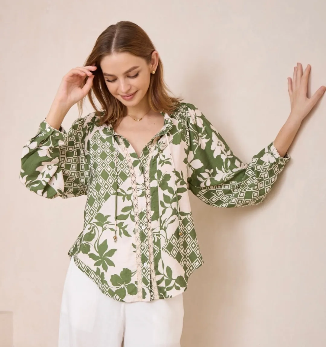 Florence  Green and Natural Print Blouse