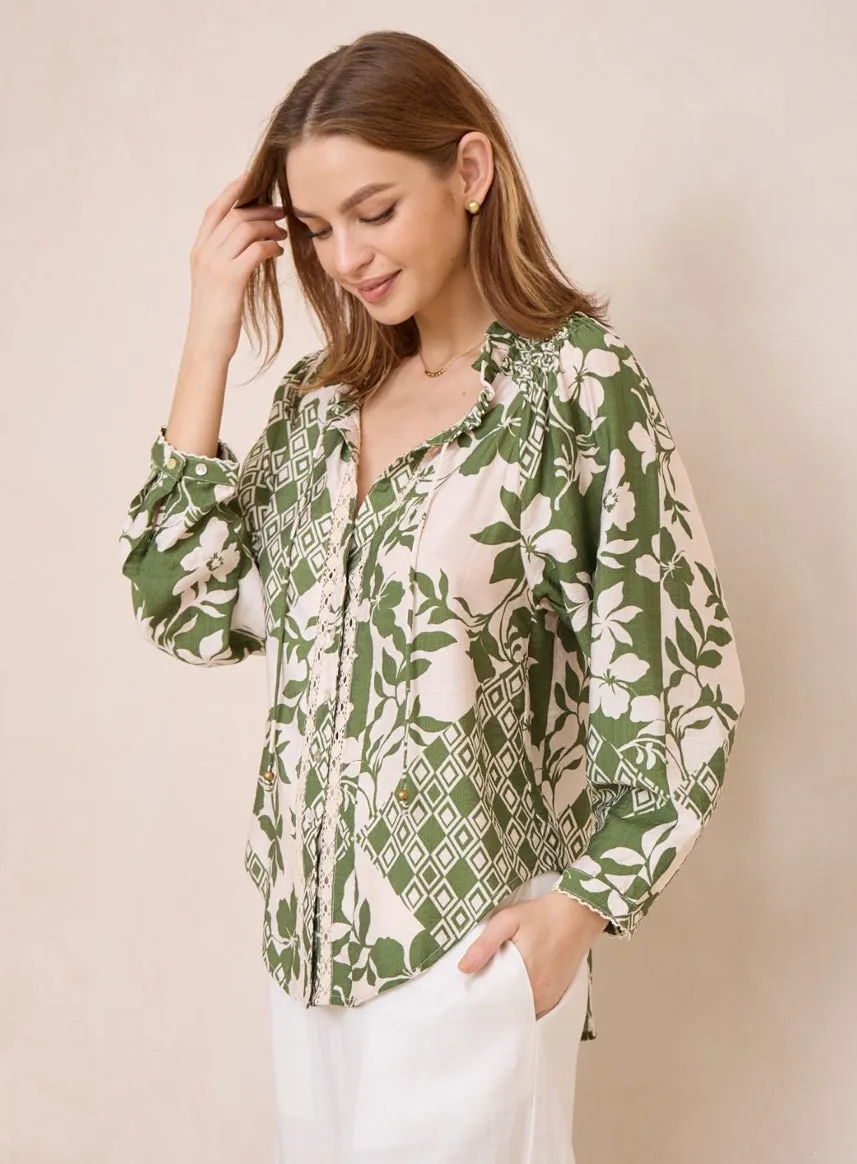 Florence  Green and Natural Print Blouse