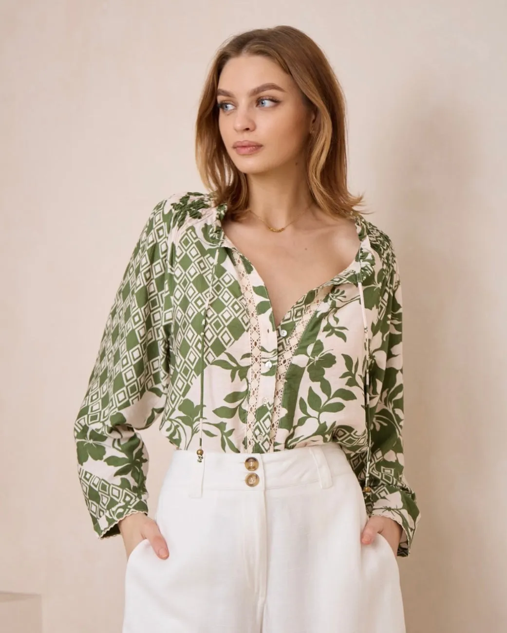 Florence  Green and Natural Print Blouse