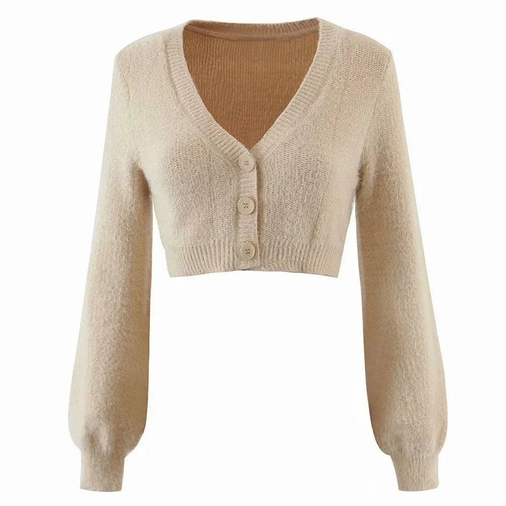 Fluffy Button Front Long Sleeve Khaki Eyelash Knit Cropped Cardigan