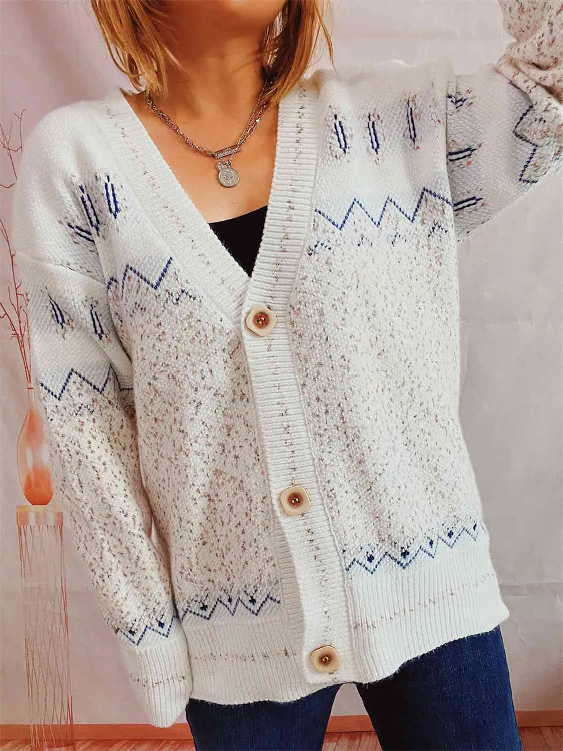 Geometric Button Front Long Sleeve Cardigan