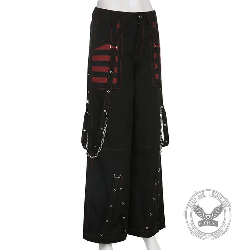 Gothic Striped Mesh Patchwork Cargo Pants