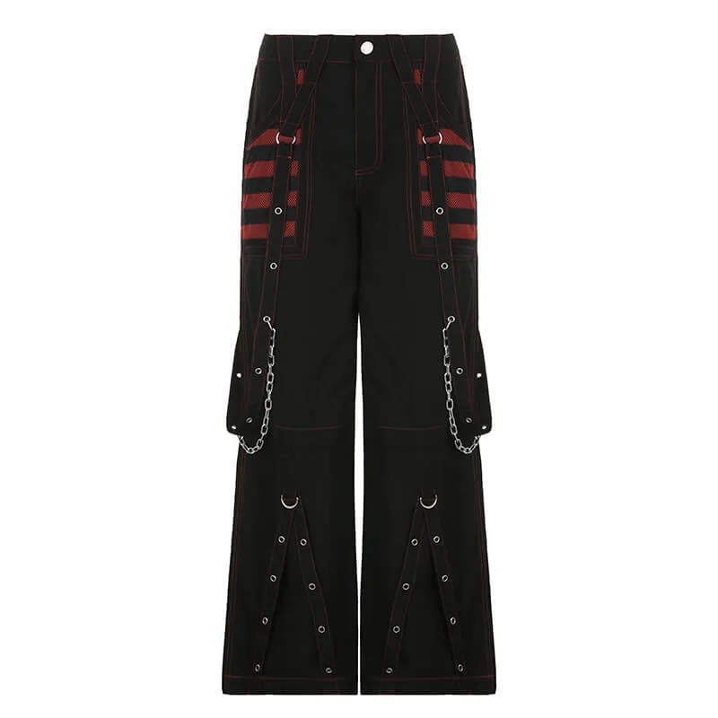 Gothic Striped Mesh Patchwork Cargo Pants