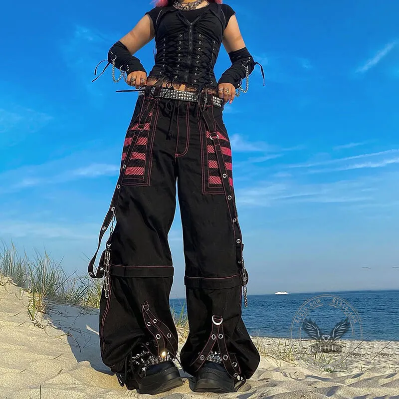 Gothic Striped Mesh Patchwork Cargo Pants