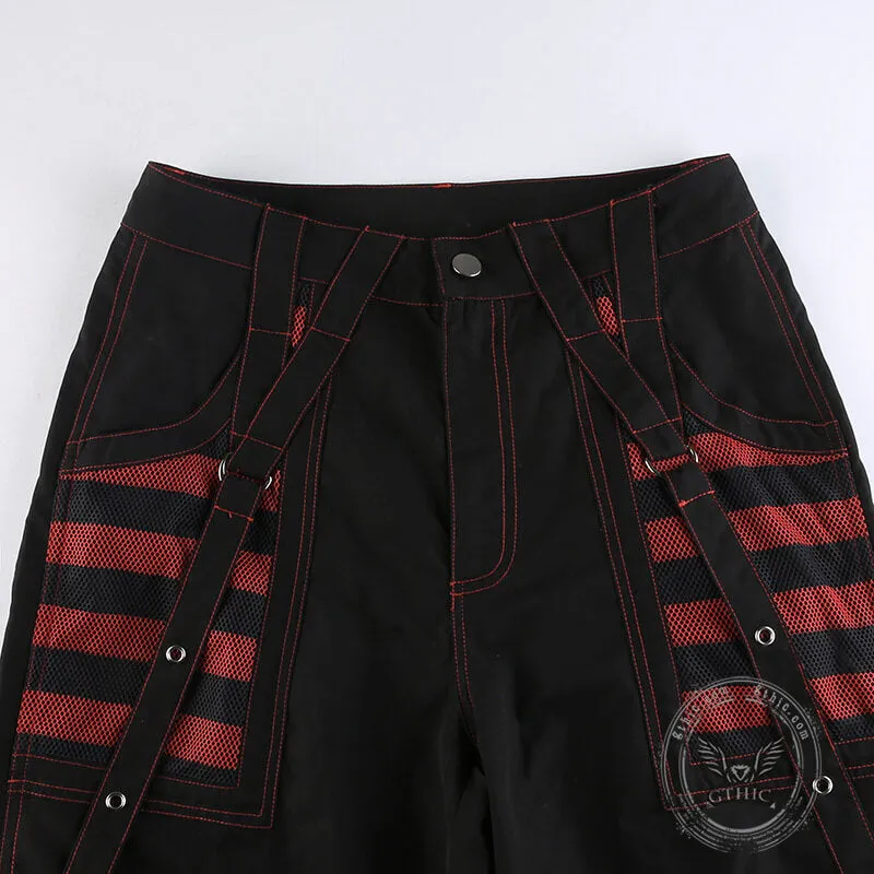 Gothic Striped Mesh Patchwork Cargo Pants