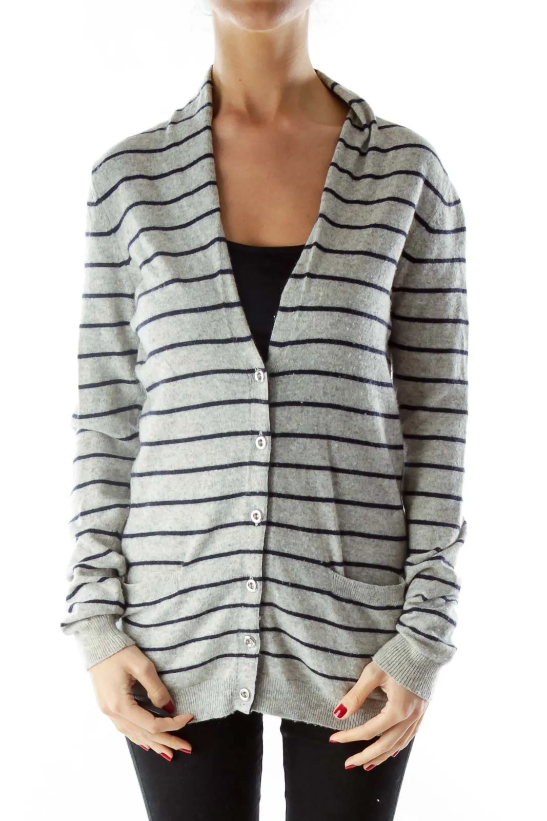 Gray Navy Buttoned Pocketed Cardigan