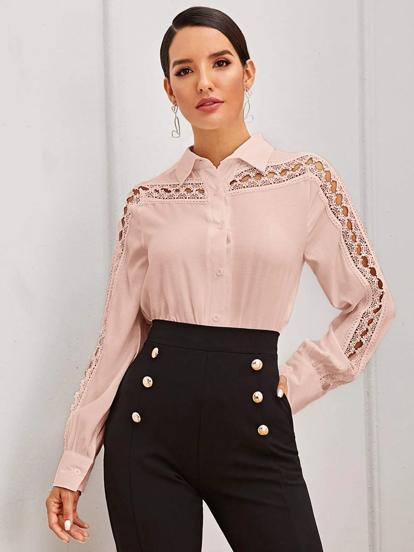 Guipure Lace Insert Button Front Blouses