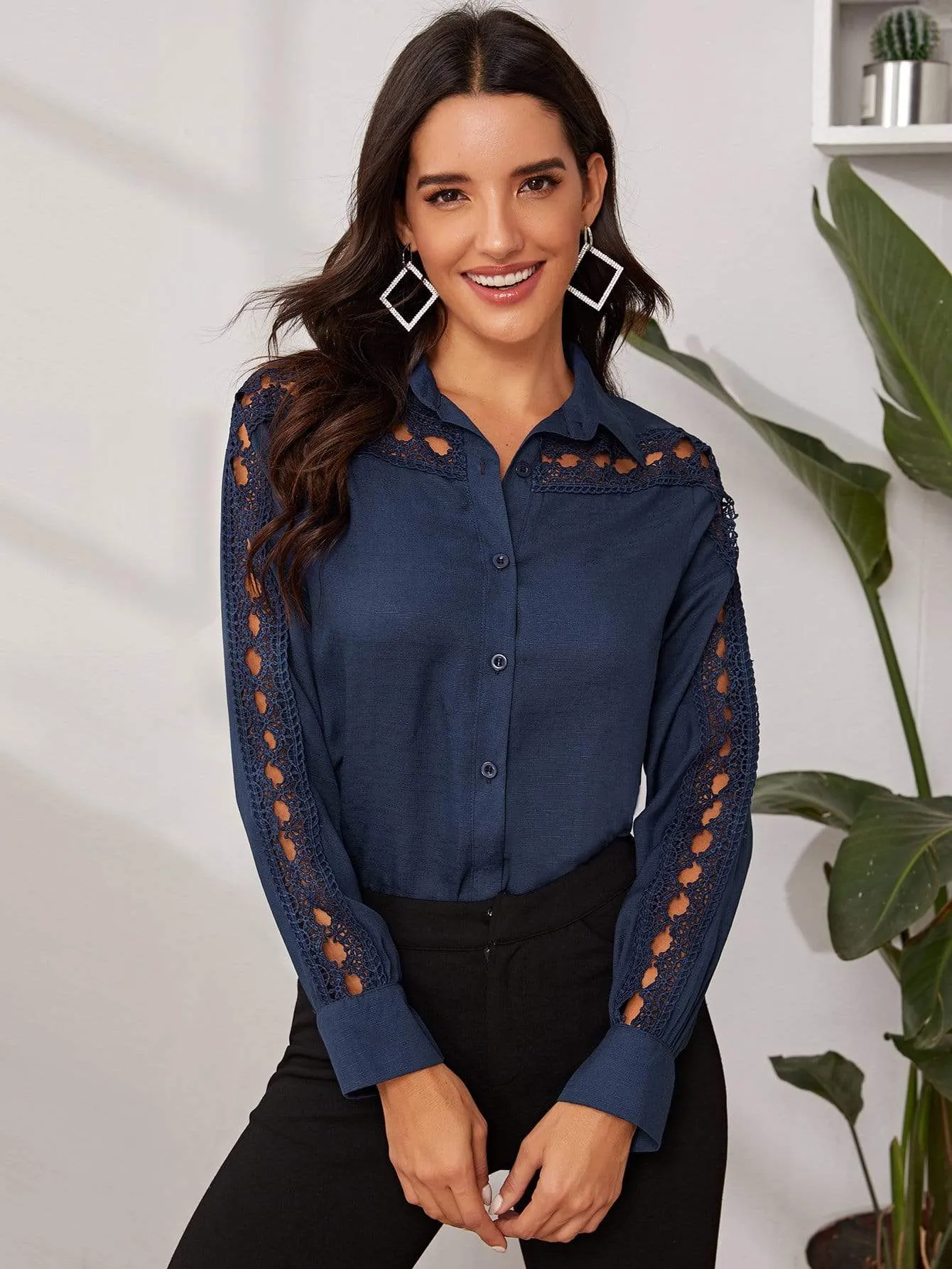 Guipure Lace Insert Button Front Blouses