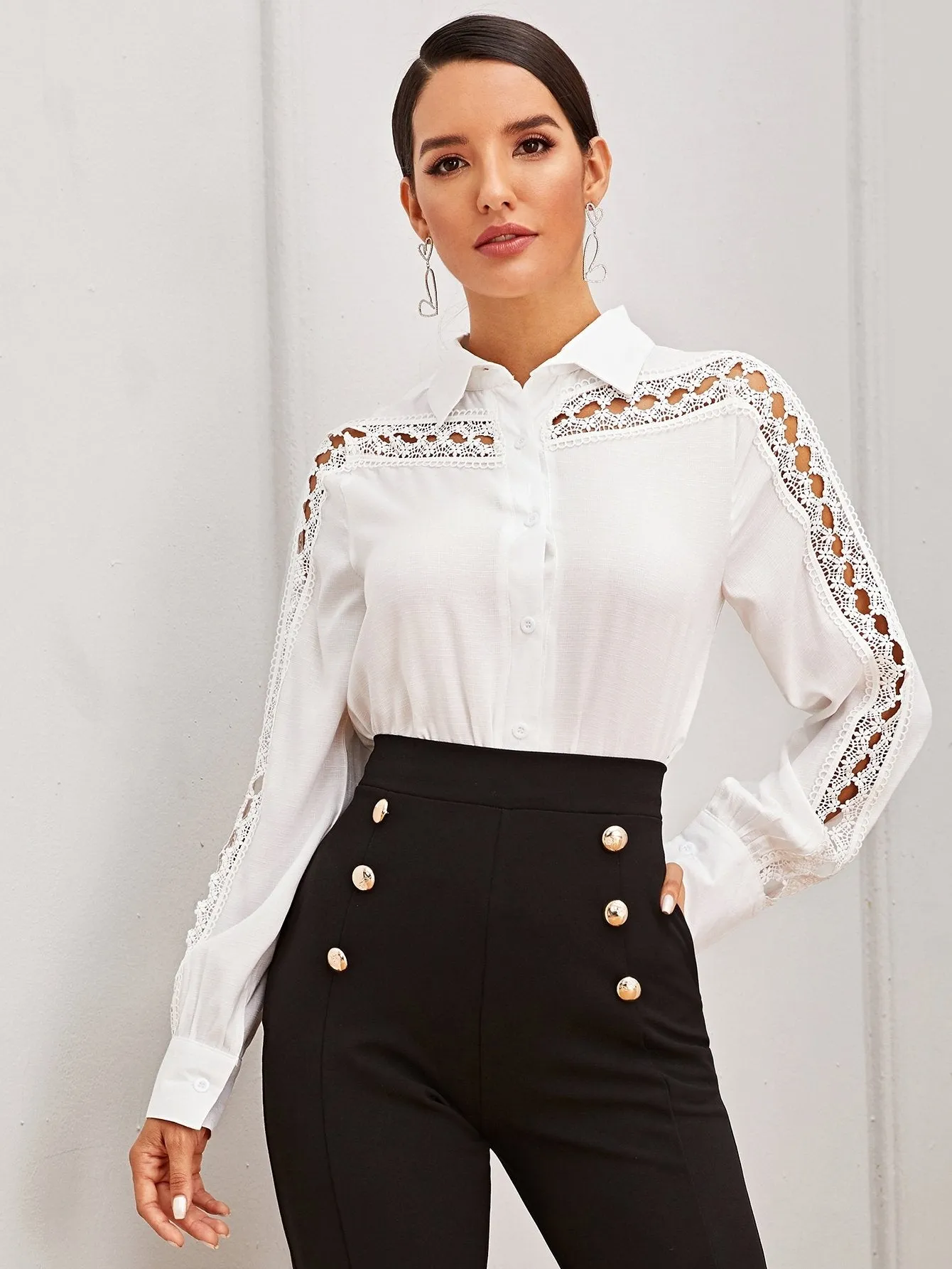 Guipure Lace Insert Button Front Blouses