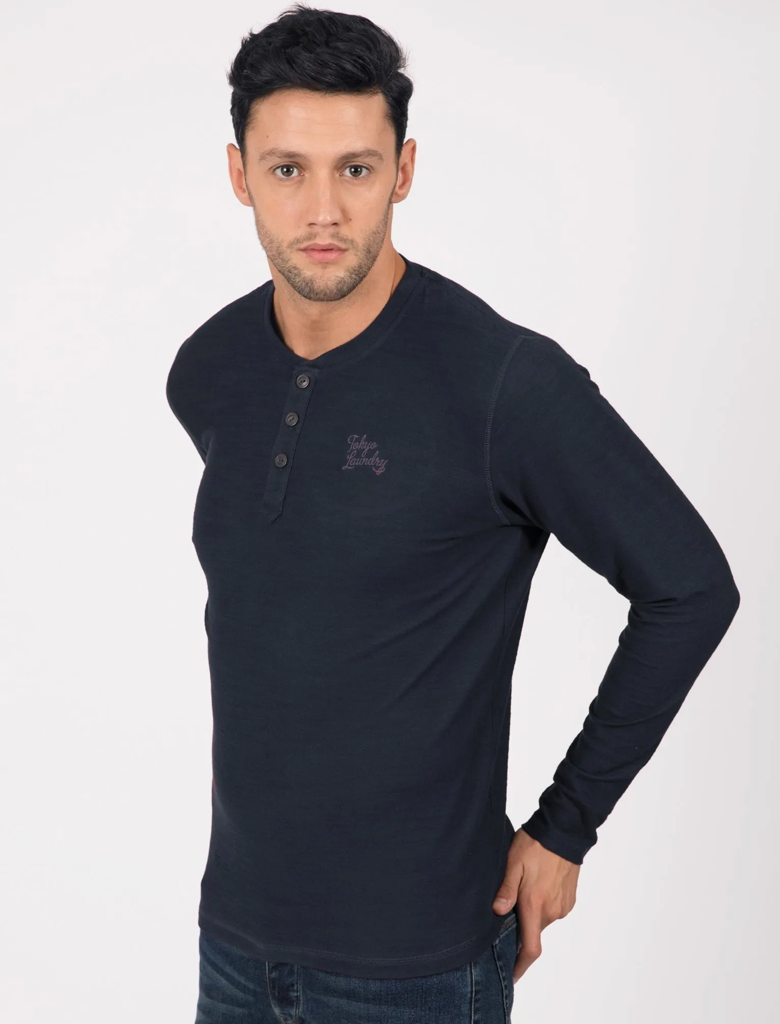 Harlowton Henley Long Sleeve Cotton Top In Black Iris - Tokyo Laundry