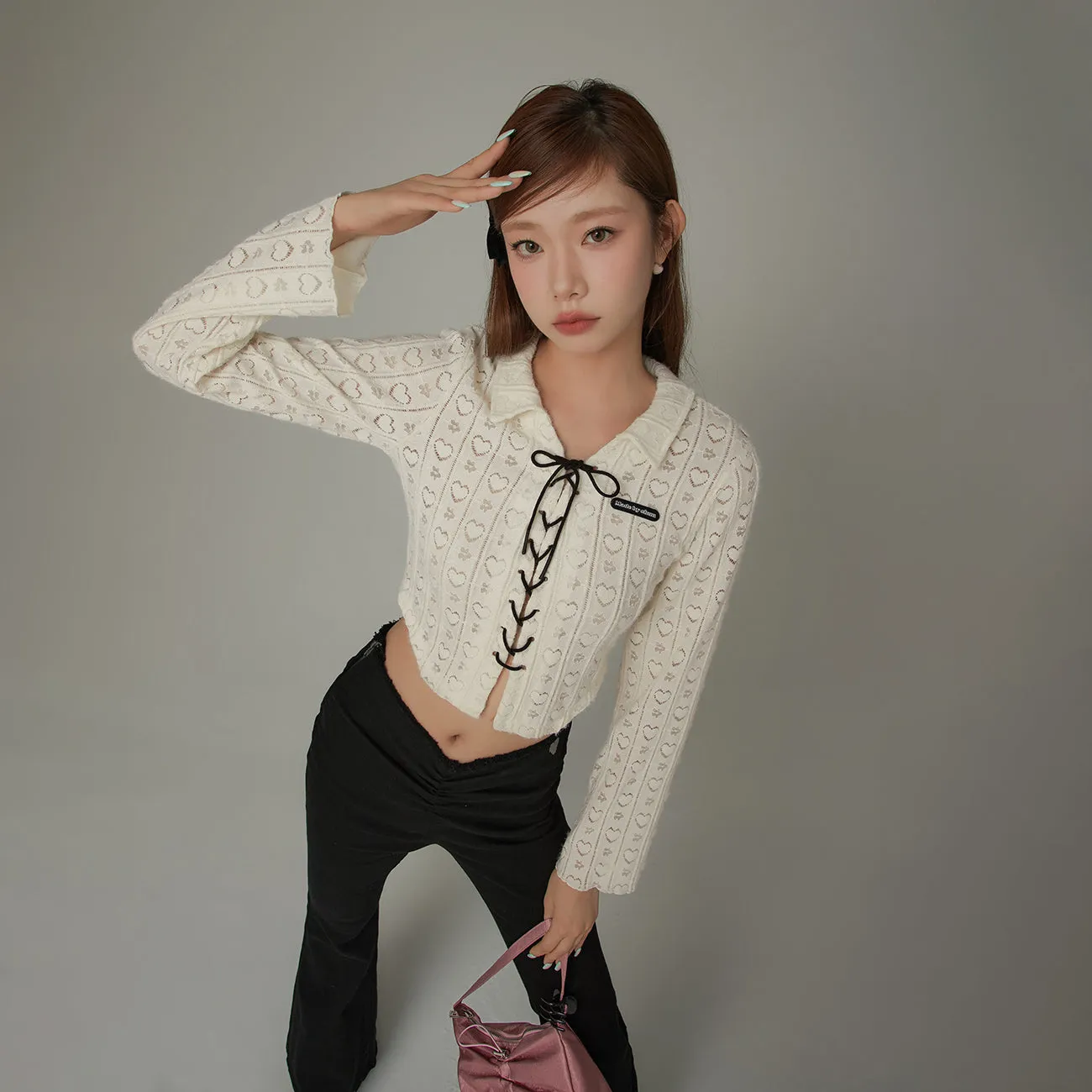 Heart Pattern Bow Lace Up Crop Blouse