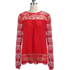 Ketty More Women Round Neck Lace Trim Long Sleeves Blouse-KMWSB809