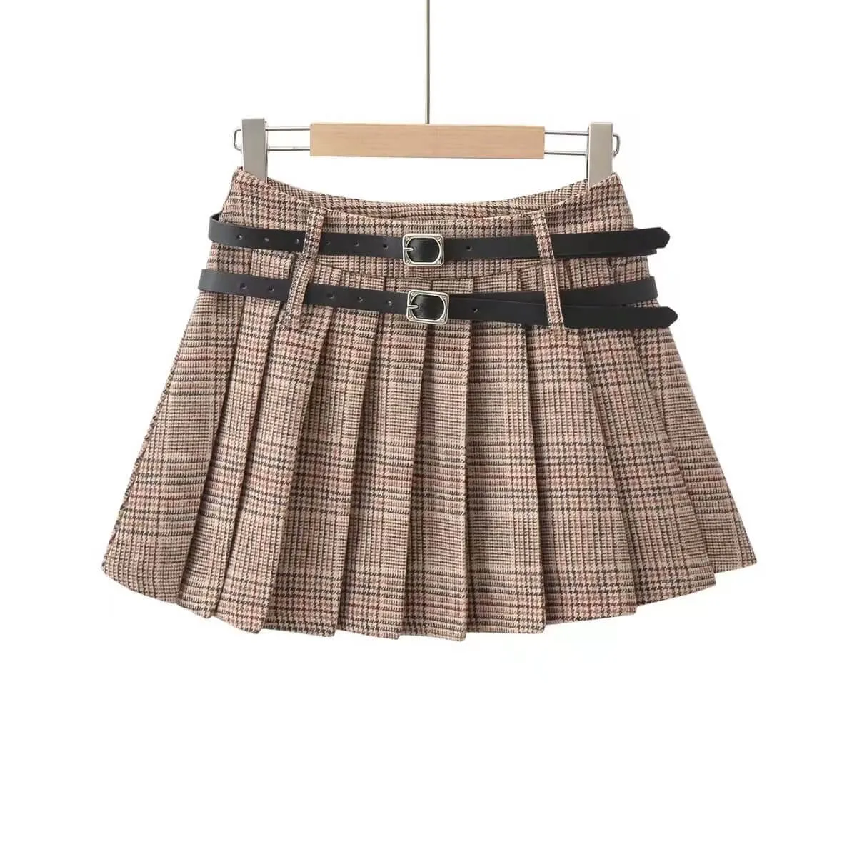 Khaki vintage double belts skirt