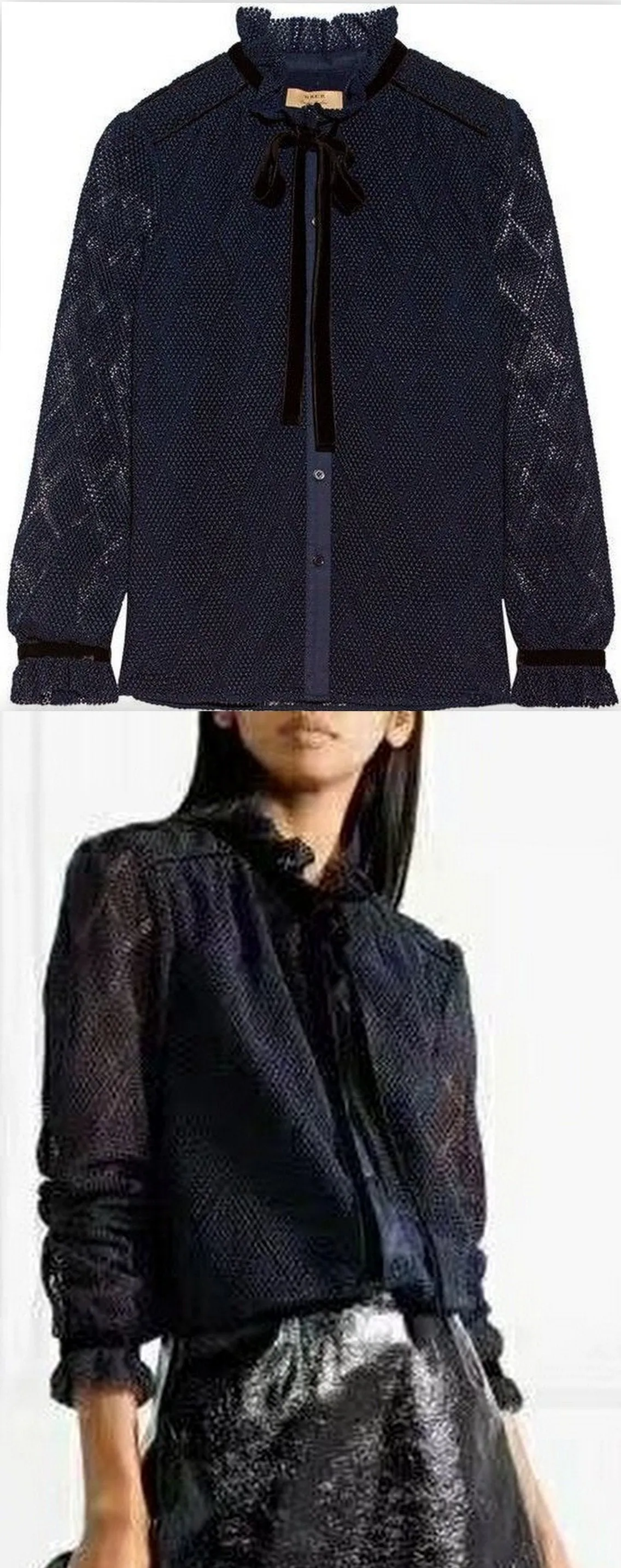 Lace Shirt with Velvet Trim, Dark Blue