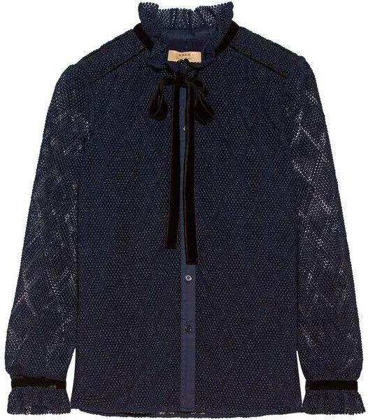 Lace Shirt with Velvet Trim, Dark Blue