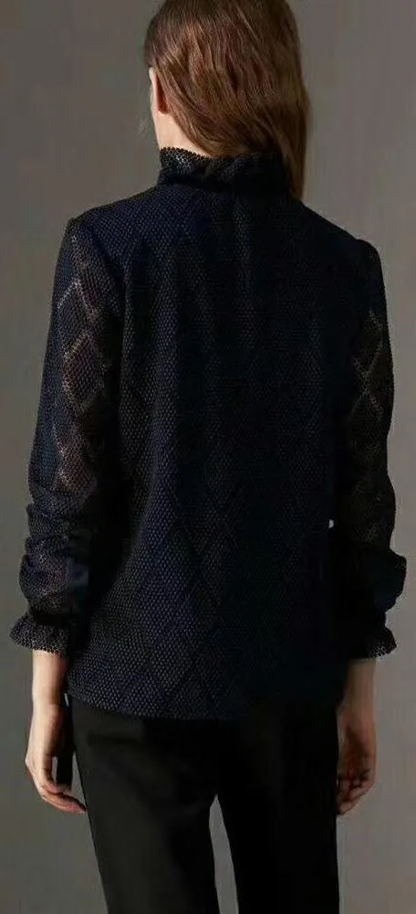 Lace Shirt with Velvet Trim, Dark Blue