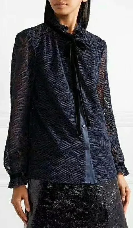 Lace Shirt with Velvet Trim, Dark Blue