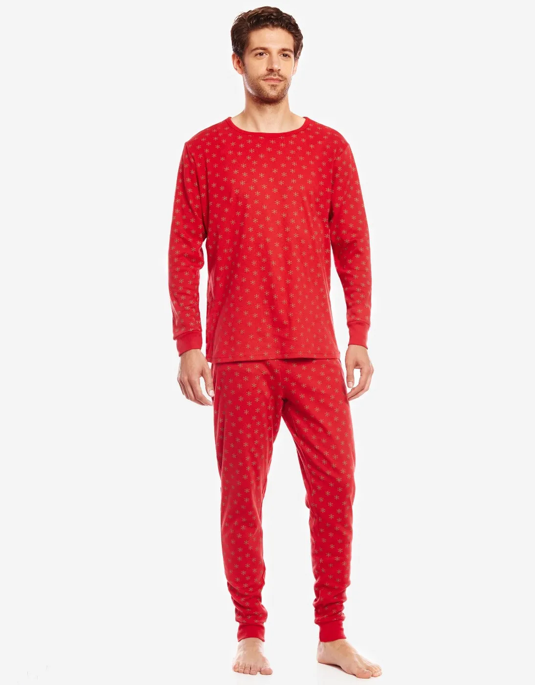 Mens Red & Green Snowflake Cotton Pajamas