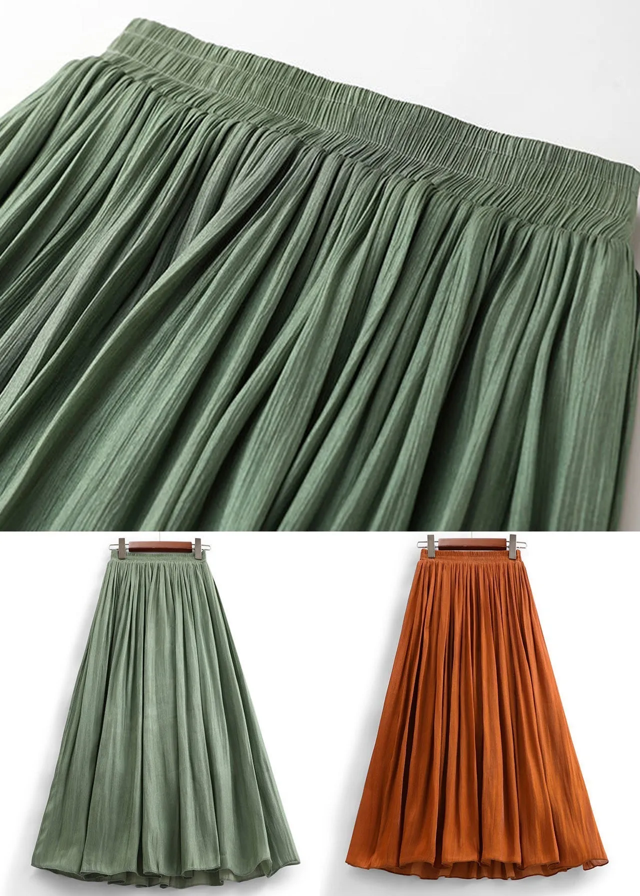 Orange Wrinkled Cotton Pleated Skirts High Waist AS1007