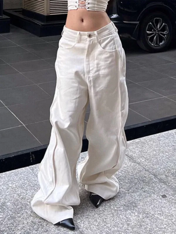 Plain Zipper Wide Legs Cargo Pants