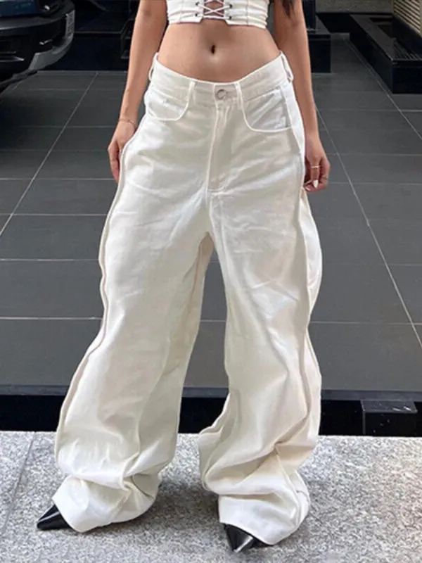 Plain Zipper Wide Legs Cargo Pants