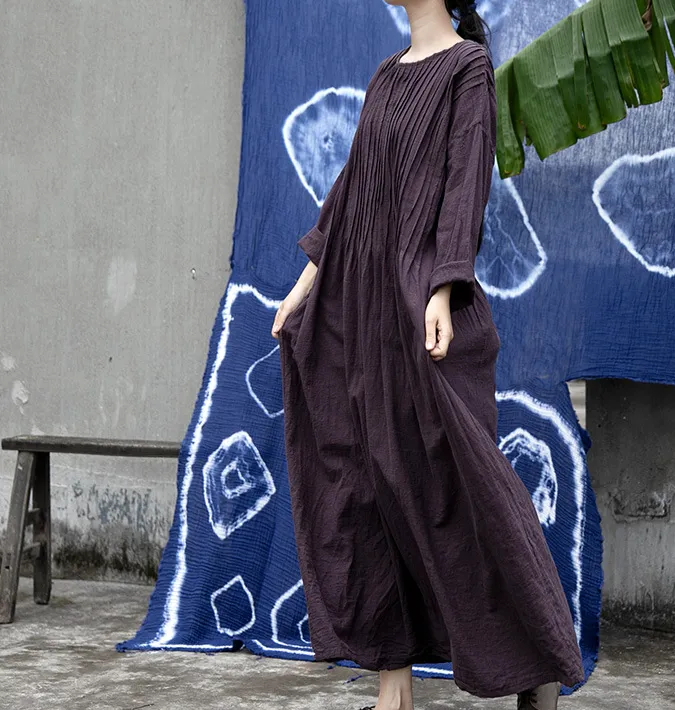 Pleated  Linen Long Loose O Neck Women Dresses