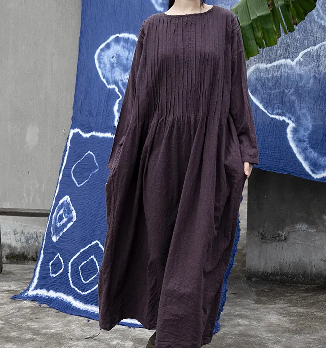 Pleated  Linen Long Loose O Neck Women Dresses