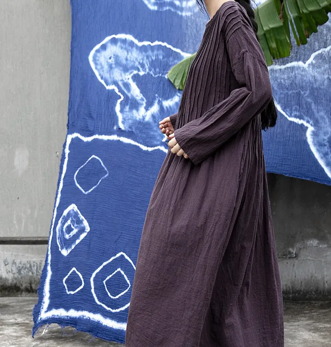 Pleated  Linen Long Loose O Neck Women Dresses