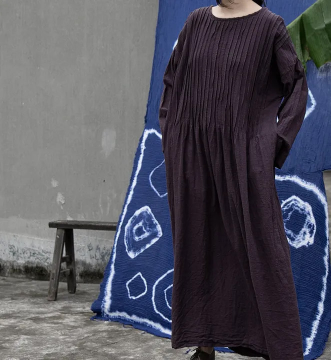 Pleated  Linen Long Loose O Neck Women Dresses