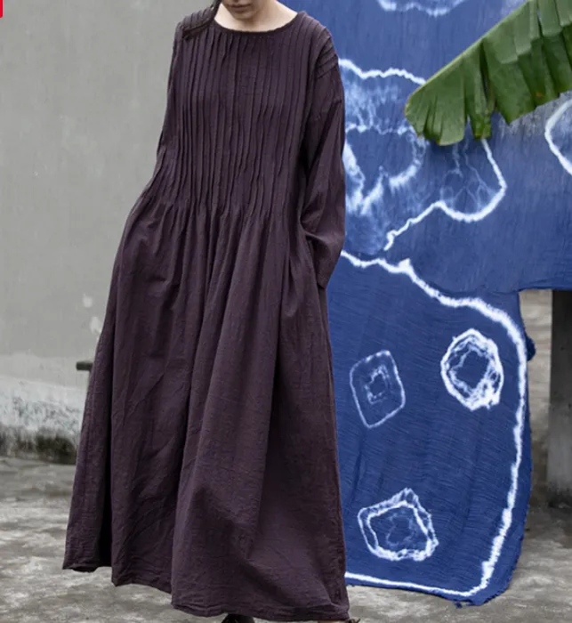 Pleated  Linen Long Loose O Neck Women Dresses