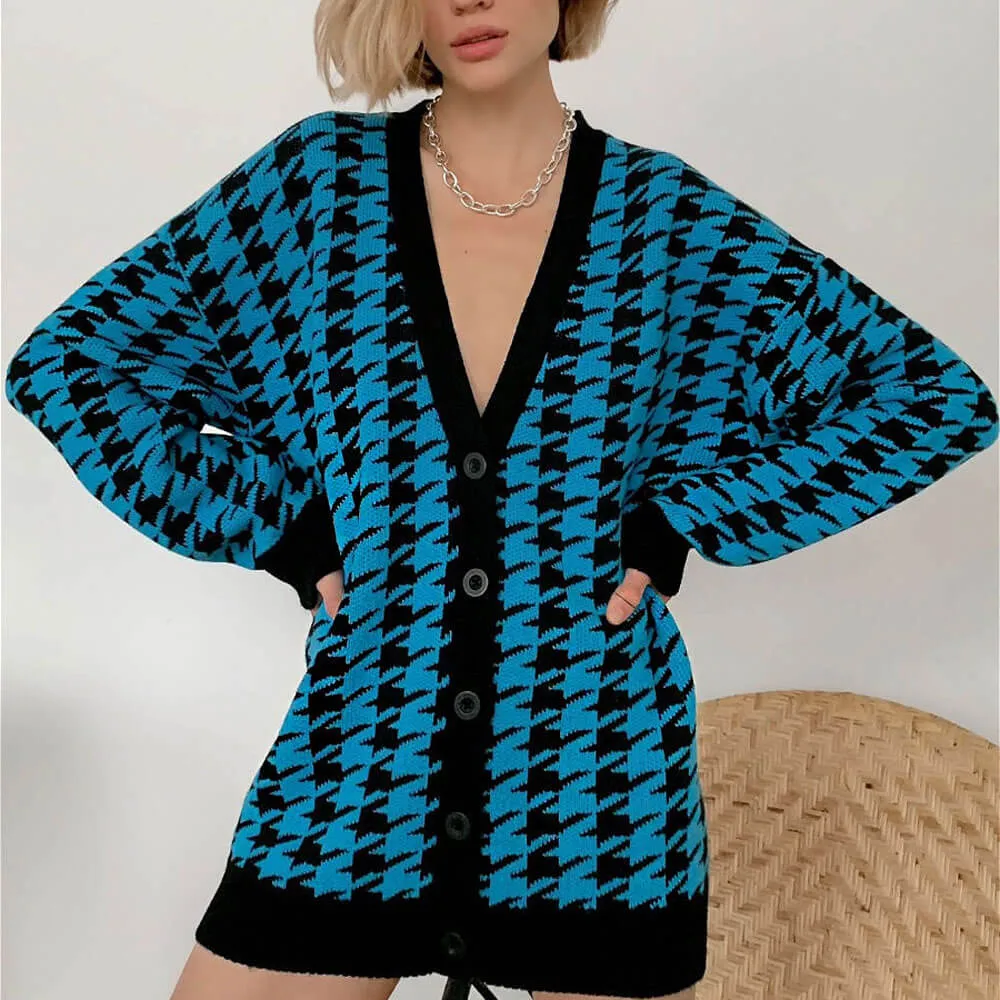 Preppy V Neck Button Up Oversized Houndstooth Cardigan